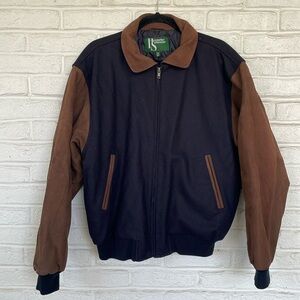 Hammacher Schlemmer Navy Wool and Brown Suede Bomber/Varsity Jacket